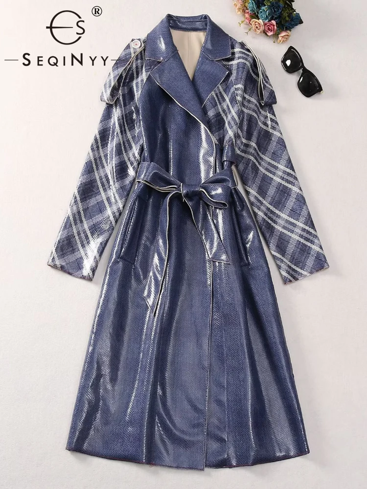 

SEQINYY Blue Long Trench Coat Spring Autumn New Fashion Design Women Runway Plaid High Street Top Belt Casual Elegant