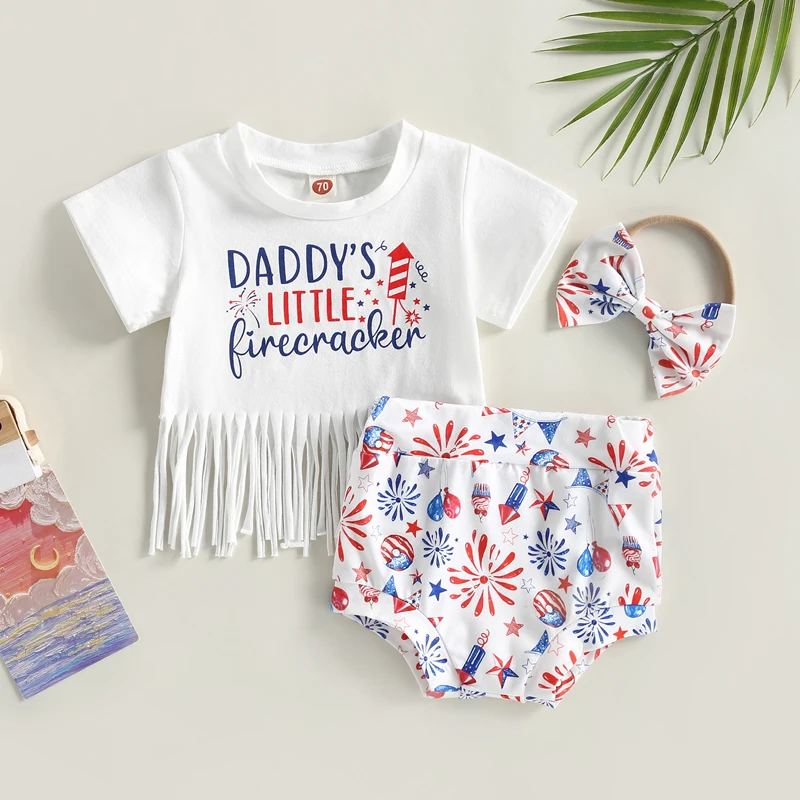 

Комплект одежды Lioraitiin для маленьких девочек 0-24 мес., 3 предмета, 4 июля, топы с короткими рукавами, бахромой и кисточками для папы, шорты с героями мультфильмов, комплект с повязкой на голову, 2023-04-11