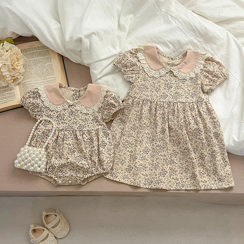 Family Matching Sister Clothing Summer Baby Girls Clothes Dress Cute Doll Collar Floral Girl Dress Short Sleeve Baby Romper 5