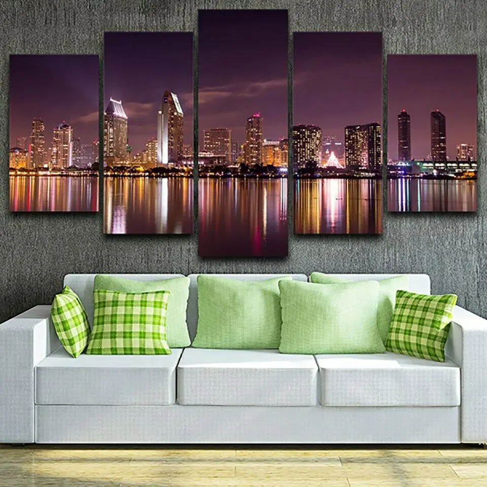 

No Framed Canvas 5 Panel San Diego Skyline City Night View HD Decorative Wall Art Posters Pictures Bedroom Home Decor Paintings