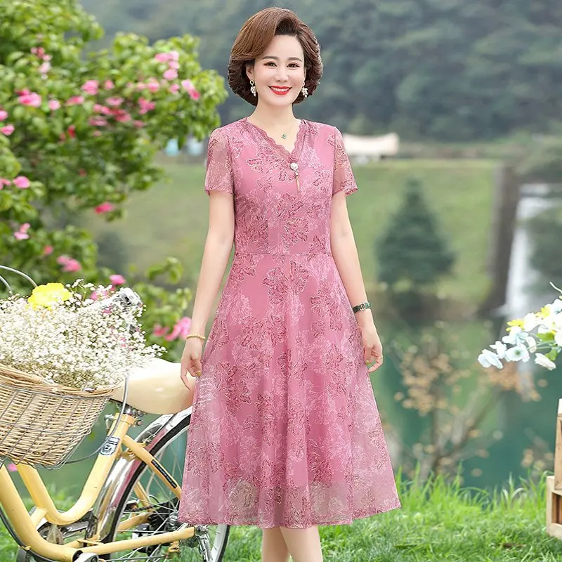 Women Summer Casual Chiffon Dress Ladies Middle-aged Print Short Sleeve  Pleated Dresses new Female Vintage V-neck Vestidos - AliExpress 200000345
