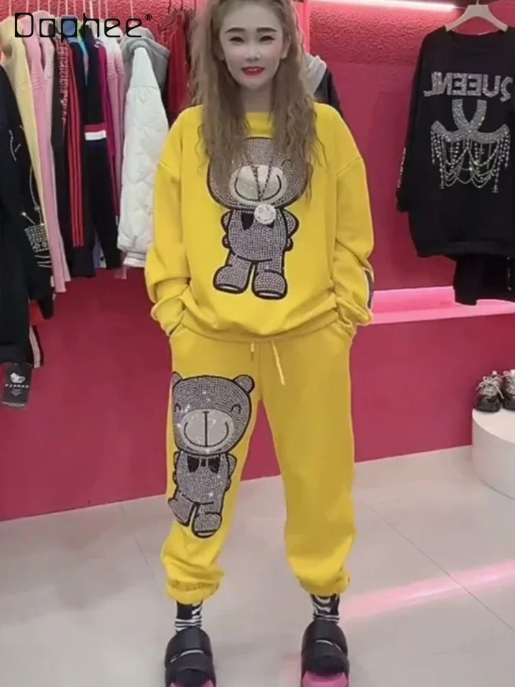 Yellow Cartoon Rhinestone Pants Sets Women 2023 Autumn Winter New Fleece Lined Heavy Industry Sweater Pants Loose Leisure Suit