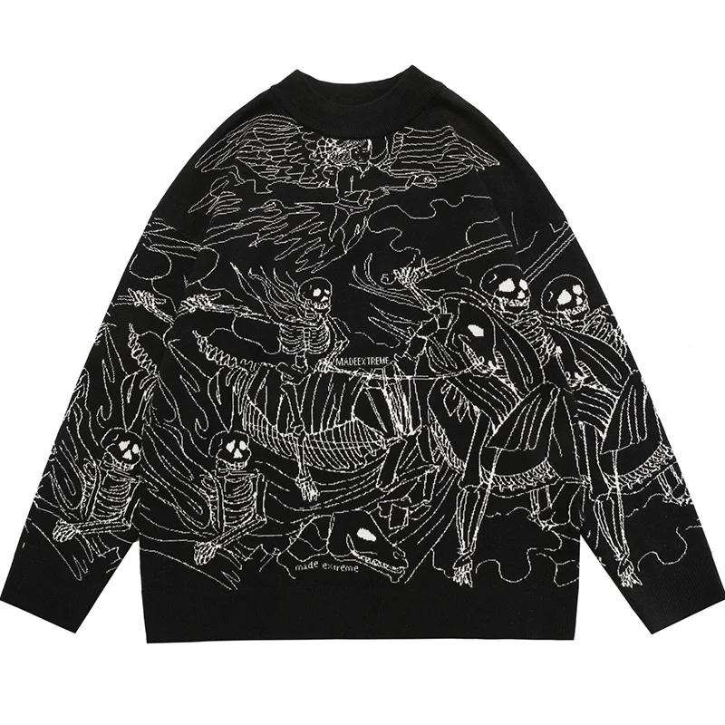 

Vintage Knitted Sweater Harajuku Ukiyo-e Style Skull Graffiti Pullover 2021 Autumn Streetwear Sweater Men Women Cotton Knitwear