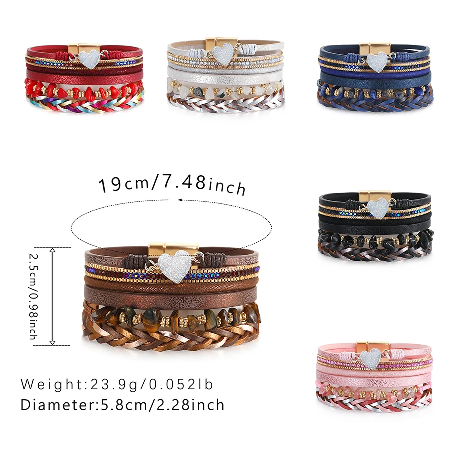 

WYBU Natural Stone Heart Shape Accessories Multilayer Woven Leather Bracelet for Women Charm Jewelry Gift Female Wide Bracelet