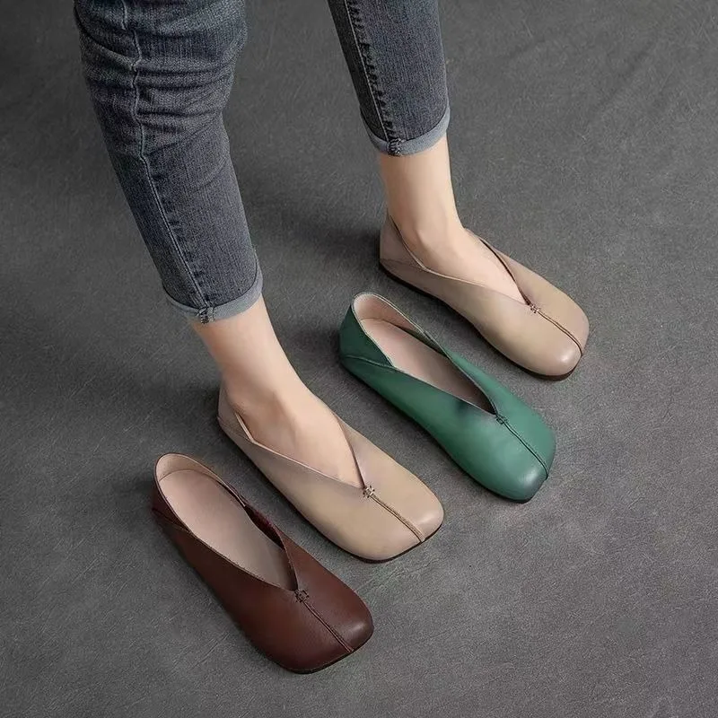 

Women's Flat Shoes Leather Loafers Ladies Fashionable Casual Shoes 2024 New Retro Brown Solid Color Ballet Female Shoes