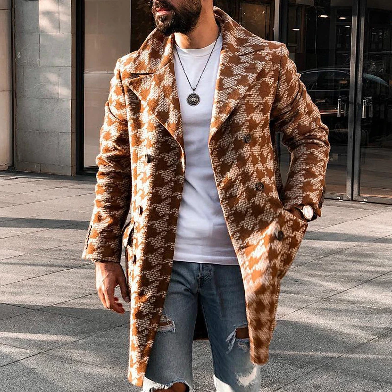 

2023 Long Sleeve Midi Overcoats Streetwear Vintage Graphic Buttoned Blazer Jackets Fashion Male Thick Notch Collar Woolen Coats
