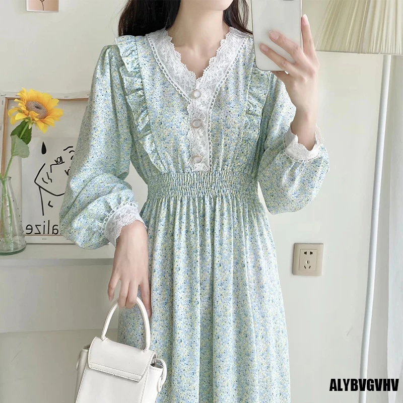 

Женское шифоновое платье миди с длинным рукавом, кружевное платье с оборками и V-образным вырезом, с цветочным принтом и высокой талией, весна 2022