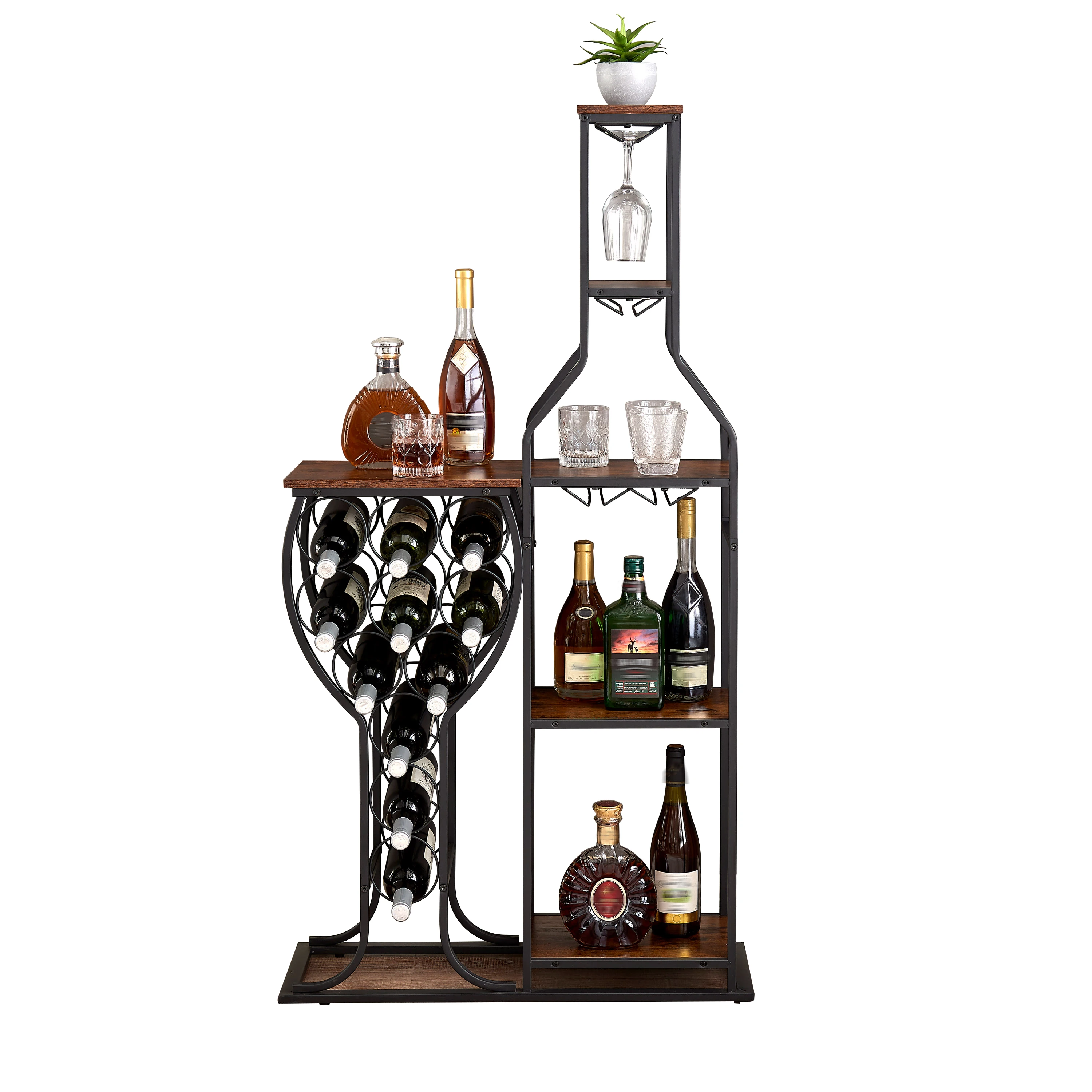 11 Bottle Wine Bakers Rack, 5 Tier Freestanding Wine Rack Hanging Glass Holder and Storage Shelves for Kitchen, Dining Room
