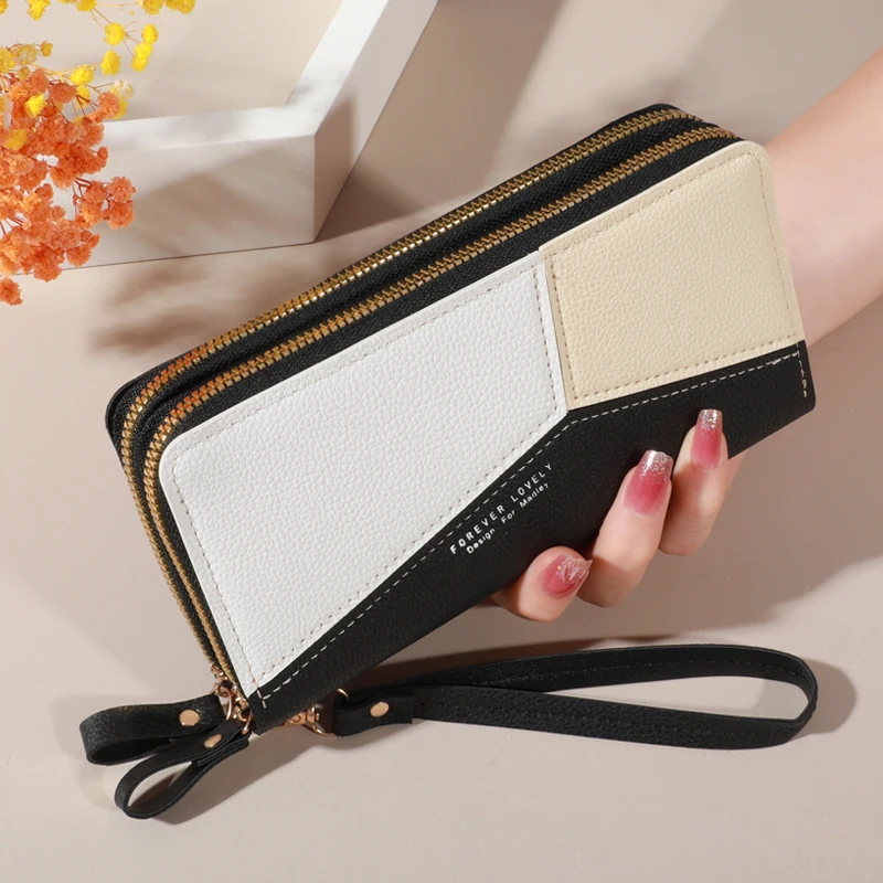 Lychee Patterned Women's Double Zipper Wallet - Large Capacity Card Holder & Phone Pouch Clutch Bag