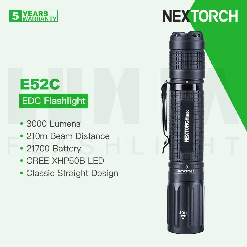 Nextorch E52C Torcia Edc Diritta Ricaricabile, Cree Xhp50B Led 3000 Lumen, 21700 Batteria, Ipx8 Impermeabile.