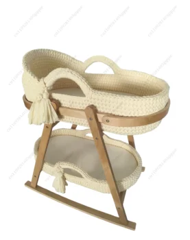 Culla per neonati intrecciata a mano, beige, in crochet, cestino portatile tipo Moses con supporto in legno e materasso morbido.