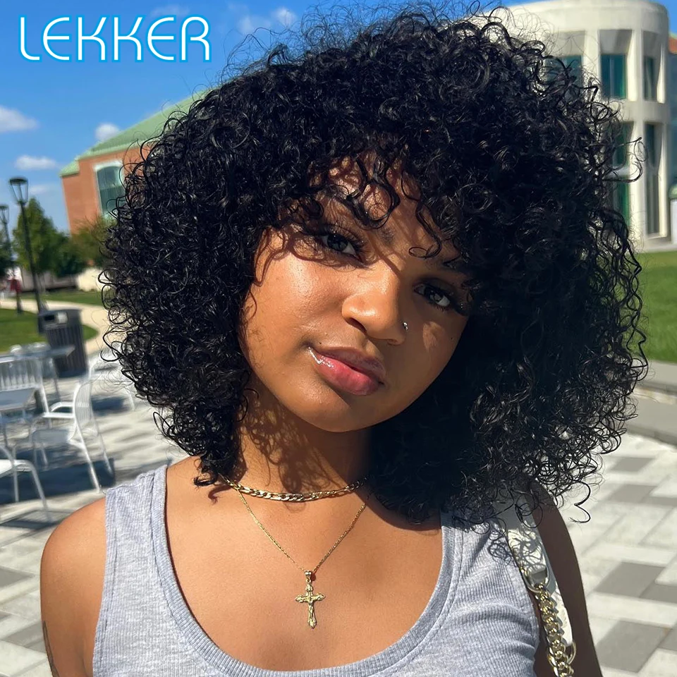 

Lekker Short Afro Kinky Curly Bob Human Hair Wig With Bangs For Women Brazilian Remy Hair Glueless Ombre Colored Non Lace Wigs