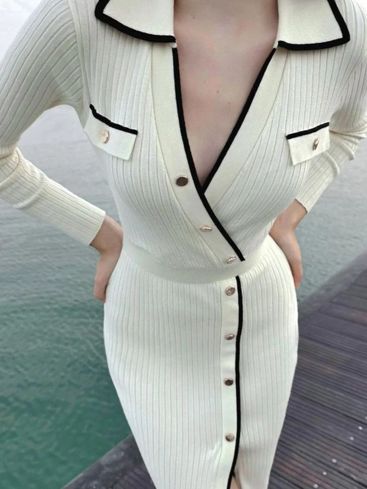 White Patchwork Knit Maxi Dress For Women Slim Lace-Up High Waist Split Elegant Party Dress Fashion Lapel Knitwear Dress