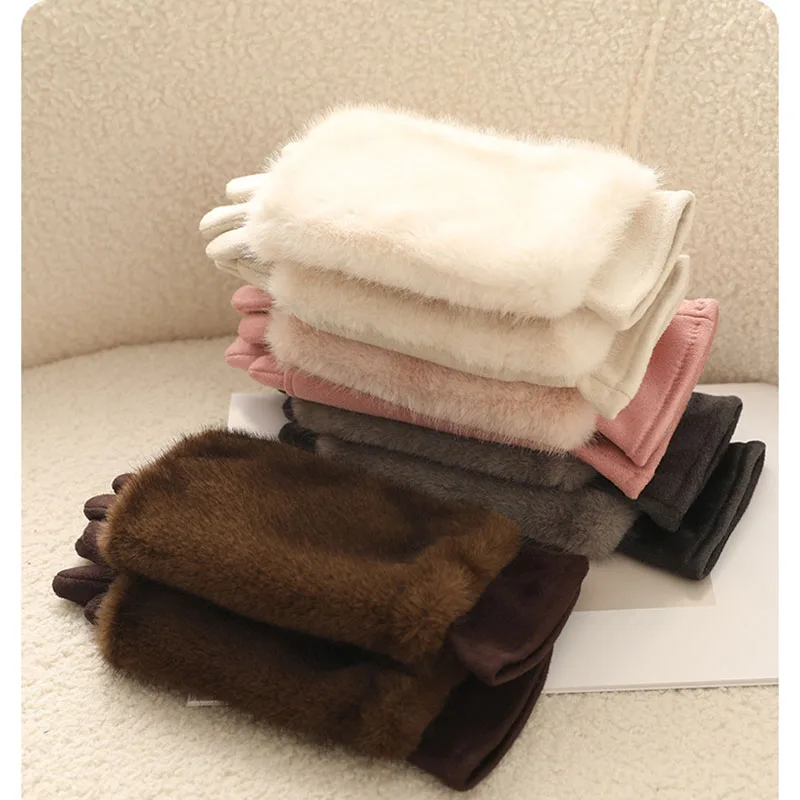 Double Set Fashion Personality Suede Winter Keep Warm Touch Screen Women Gloves Hairy Imitation Mink Velvet Half Finger Gloves