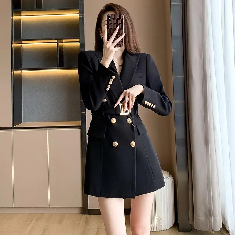 

2023 Women's Autumn New French Double-breasted Mini Dress Female Long-sleeved Notched Dresses Ladies Loose A-line Vestidos Q579