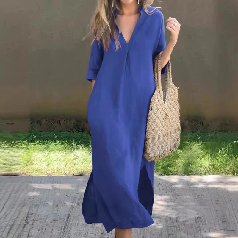 

Women Elegant Deep V-neck Pleat Long Dress Casual Half Sleeve Solid Loose Party Dress 2024 Summer Sexy Side Split Beach Dresses