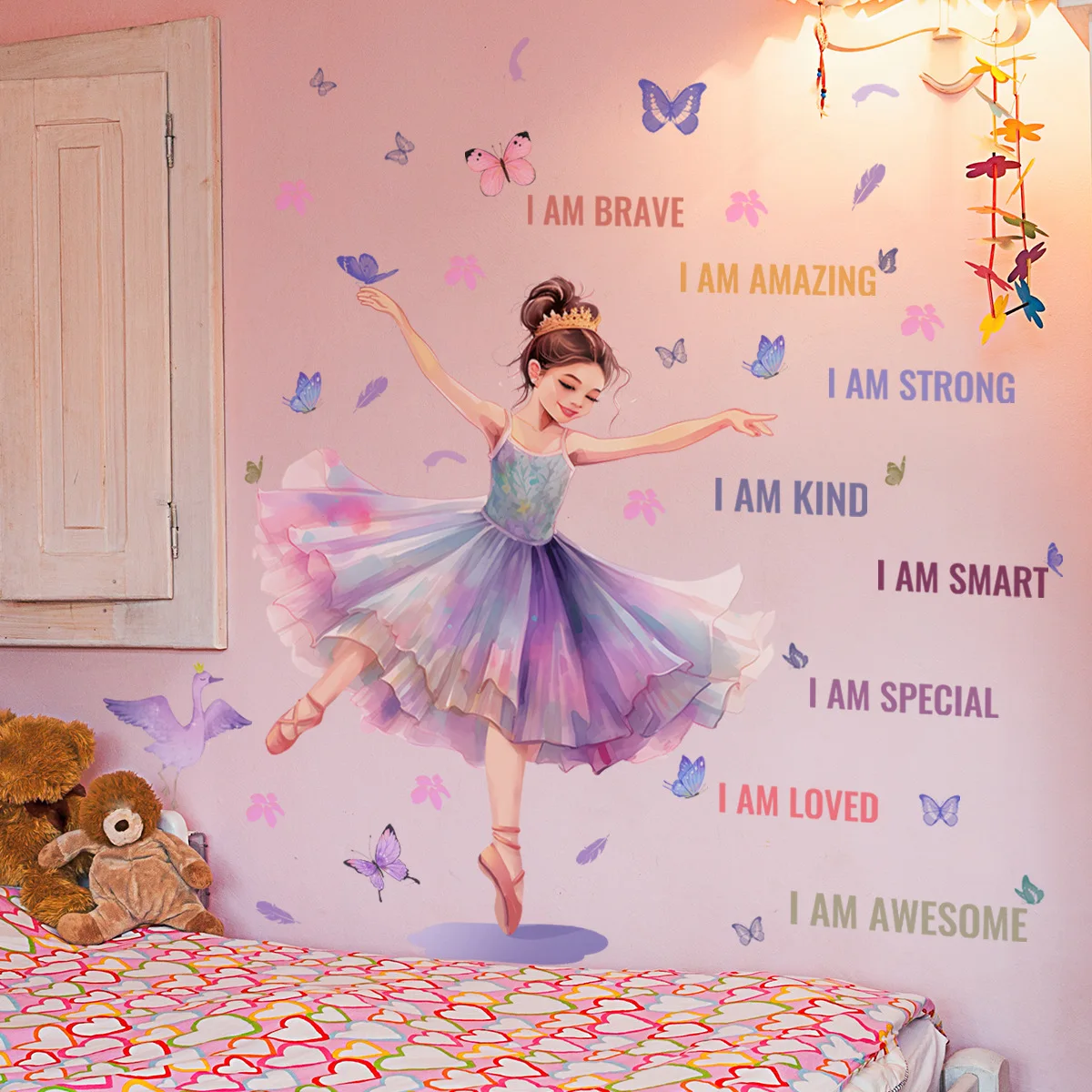 Luminous Wall Stickers Wall Stickers Vinyl Decal Stickers Ballet Dancer Girl Wall Decal Colorful Butterfly Theme Stickers for Girls Room Nursery Princess Room Decoration Self-Adhesive