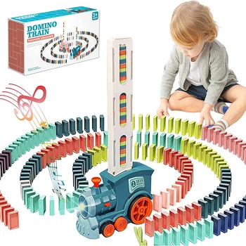도미노 기차 도미노 블록 세트, 자동 배치 블록 장난감, 도미노 기차 자동차 세트, 쌓기 게임, 재미 있고 다채로운 기차 DIY 장난감 선물