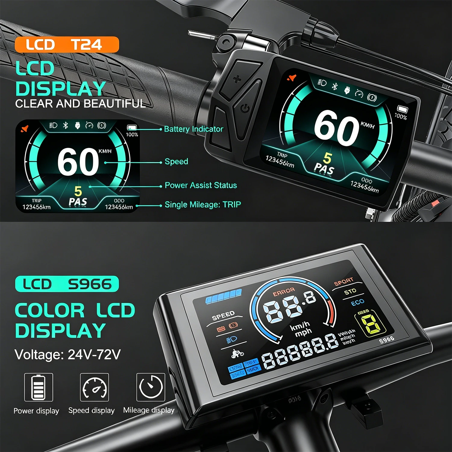 Ebike Sinawave 3 모드 컨트롤러 24V/36V/48V 17A 26A 30A LCD 디스플레이 S966 250W-1000W 휠 허브 모터 변환 부품용