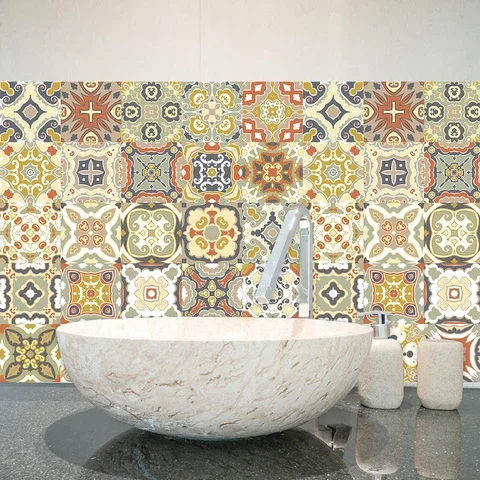 

Yellow Mandala Pattern Floral Ornament Ceramic Tile Wall Sticker Stair Kitchen Home Decor Wall Decals Peel & Stick Art Wallpaper