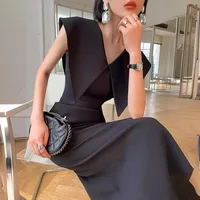 Black Hepburn Sleeveless Doll Neck Dress Women Slim Knee Length Dress Summer High Waist Split Zipper Straight Dress