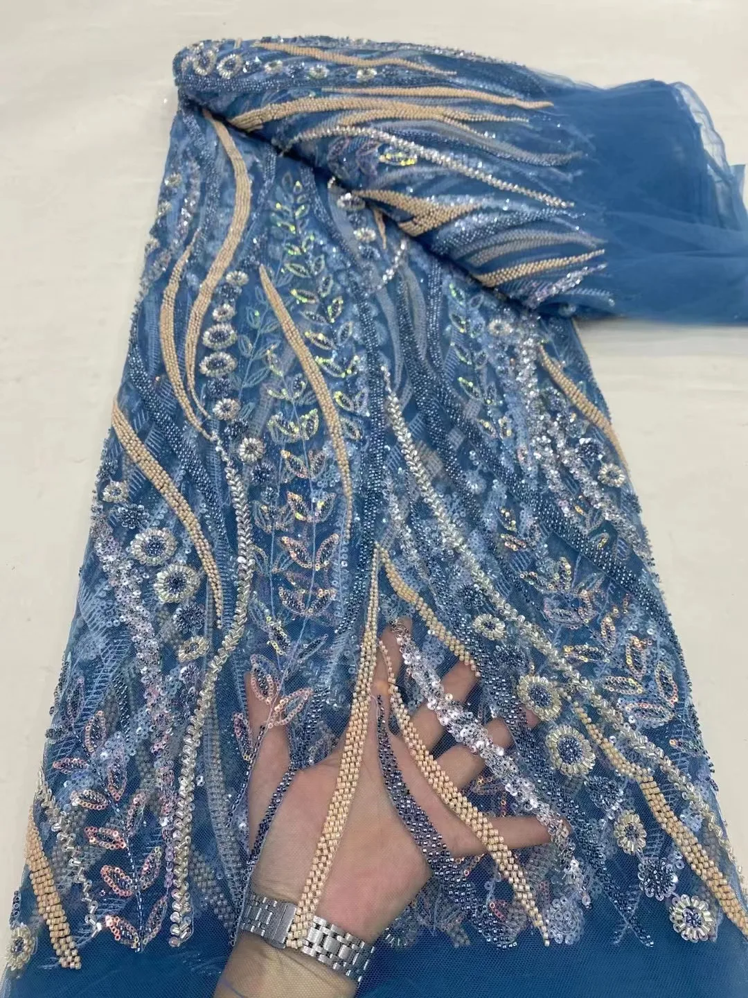 

African Handmade Beaded Lace Fabric High Quality French Embroidery Nigerian Groom Net Lace Fabrics for Wedding Dress Sewing