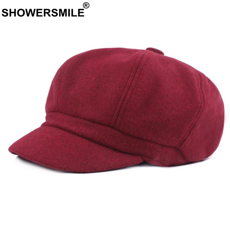 SHOWERSMILE Burgundy Newsboy Caps Women Solid Wool Painters Hat Vintage Female Red British Autumn Winter Octagonal Cap Newsboy