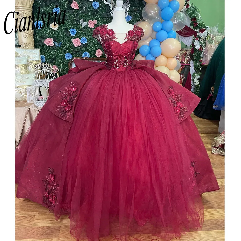 

Burgundy Princess Ball Gown Quinceanera Dresses Lace Appliques Corset Prom Vestido De 15 Anos