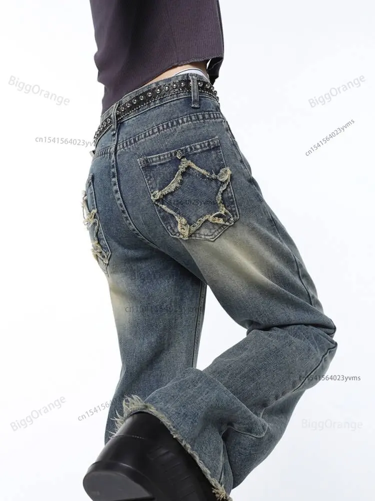 

Star Patch Women Jeans Harajuku High Street Vintage Raw Edge High Waisted Jeans Women Casual Washed Distressed Jeans Woman Pants