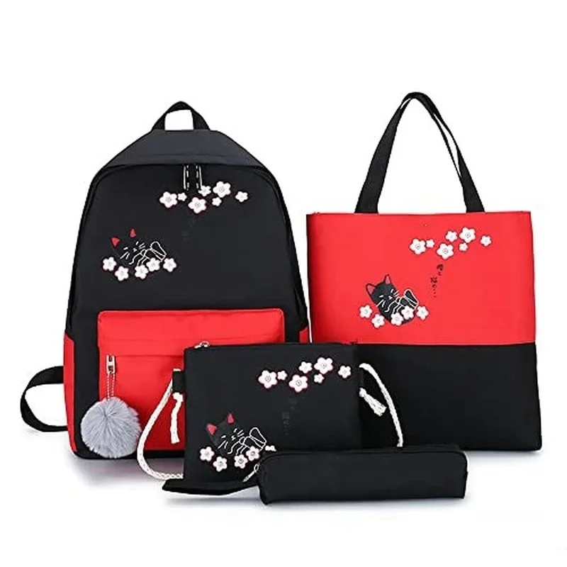 

4 Sets/Pcs Woman Laptop Backpack Ribbons School Backpacks Cute Cat Schoolbag for Teenagers Girls Student Book Bag Female Satchel