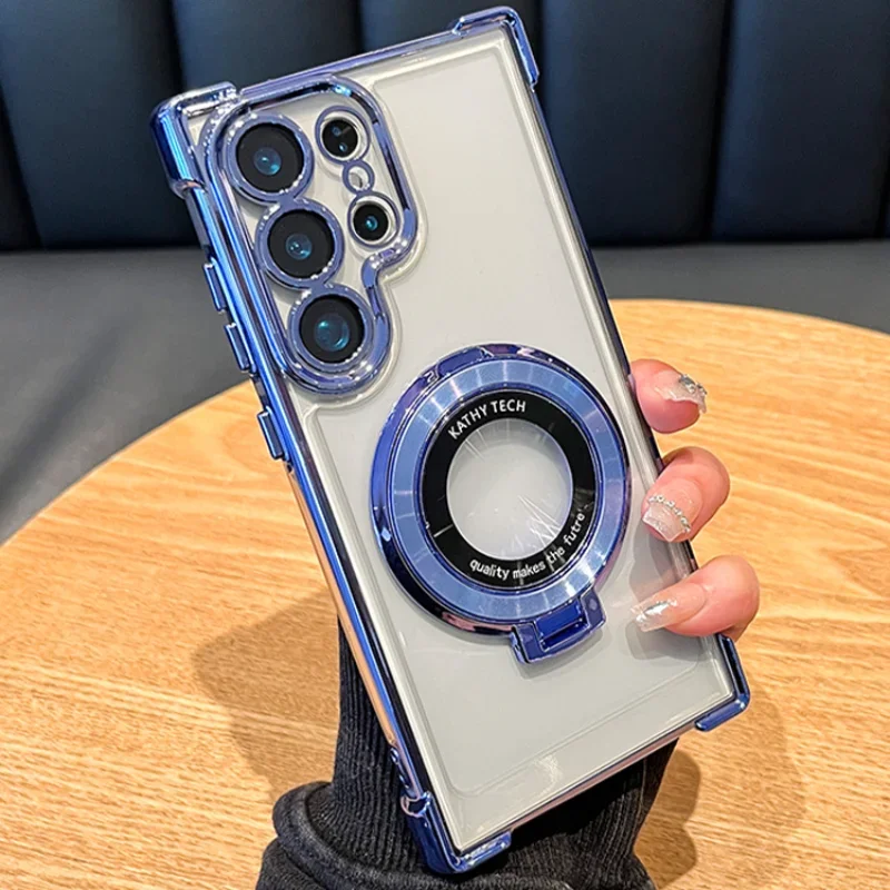 Luxury Magnetic Plating Shockproof Clear Case with Stand Holder and Acrylic Back Cover