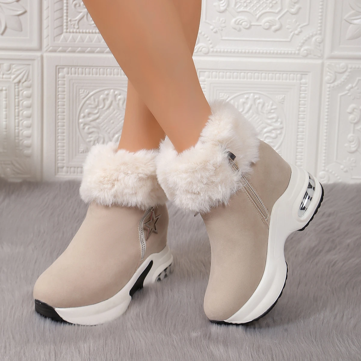 Women Boots Winter 2024 New Casual High Heels Warm Boots Thickened Fluff Wedge Shoes Fashion Outdoor Platform Snow Boots Women - 6