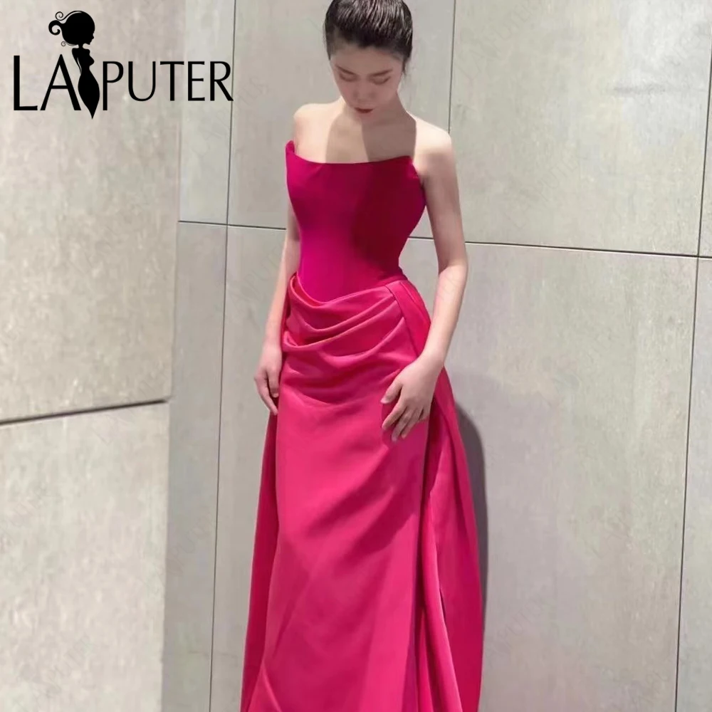 

Fuchsia Simple Celebrity Evening Dresses off Shoulder Boned Velvet Bodice Big Train Fashion Star Satin Prom Gowns New Design2024