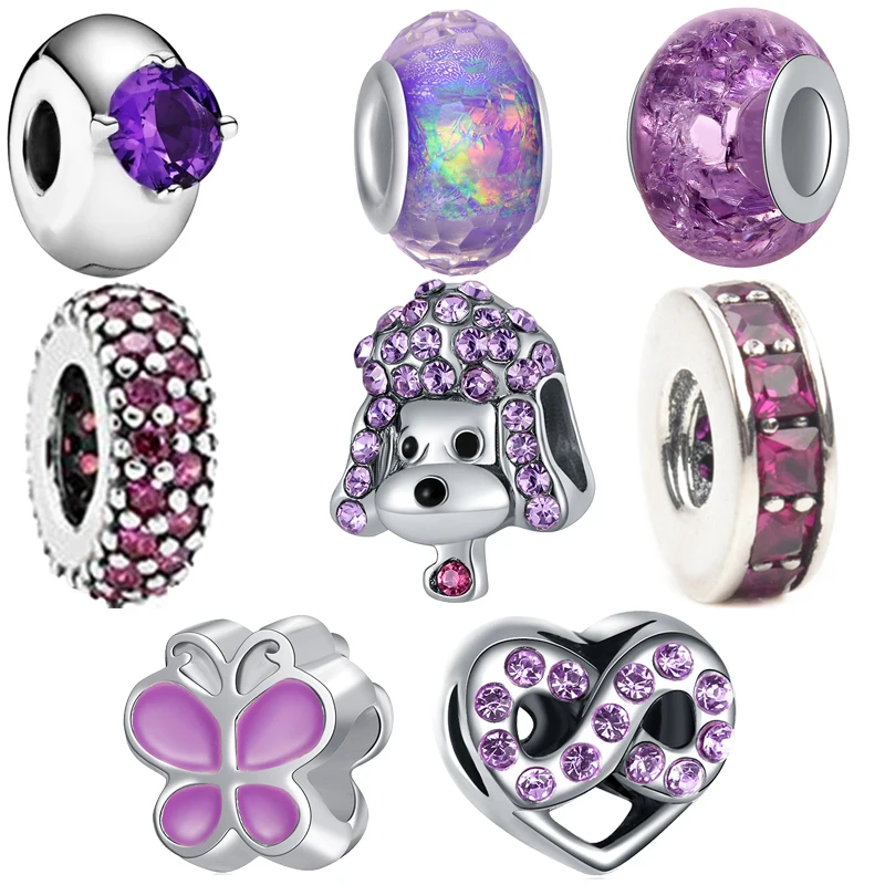 

New Purple Series Mom Sister Butterfly Dog Leaf Unicorn Bead Fit Original Pandora Charms Silver Color Bracelet DIY Women Jewelry