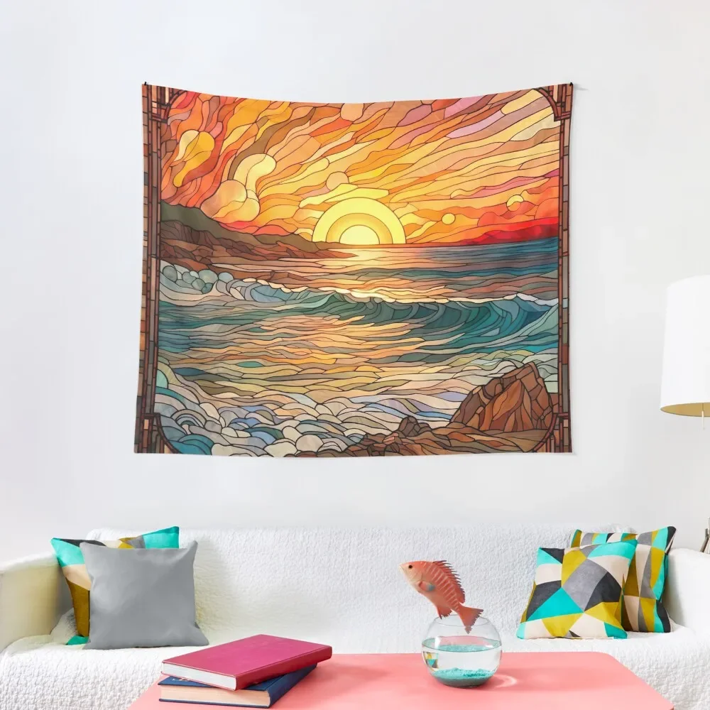 

Stained Glass Beach Scene and Sunset Tapestry Aesthetic Home Decor Wall Deco Decorations For Your Bedroom Tapestry
