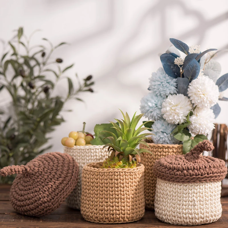 

Cute Chestnut Cotton Rope Storage Basket Handwoven With Lid Large Capacity Snack Sundry Storage Potted Plant Decoration Basket