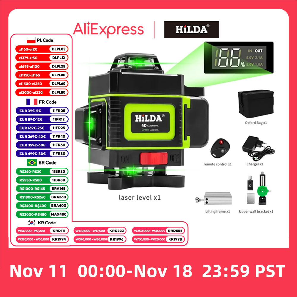 HILDA 4D 16 Lines Laser Ultra Strong Green Beam Horizontal 360 Automatic Leveling Vertical and Horizontal Optical Instrument