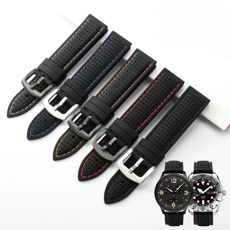 

High Quality Rubber Silicone Watch Band Straps Men's Stitched Waterproof Breathable Sports Wristband 20/22/24mm Universal