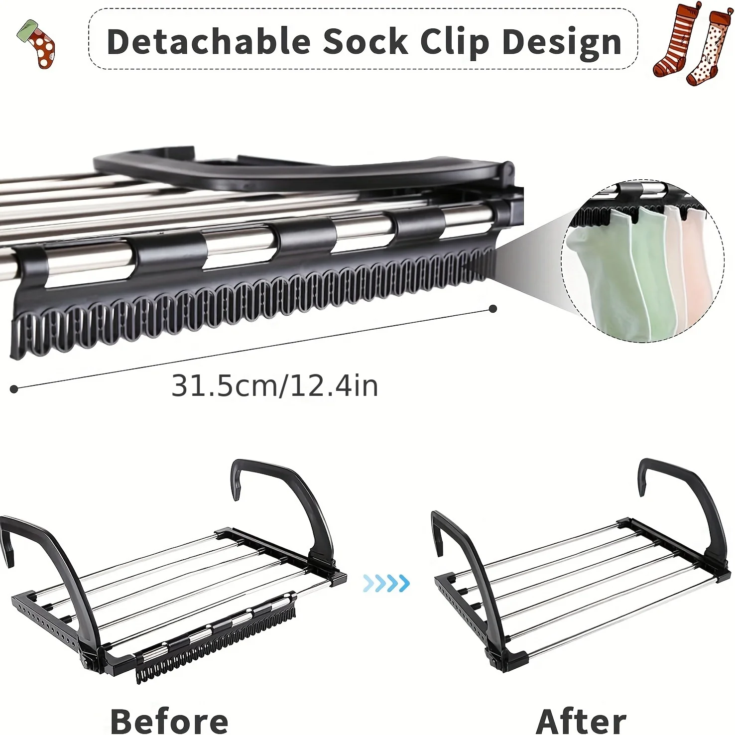Foldable Stainless Steel & Plastic Wall-Mounted Radiator Drying Rack with Detachable Sock Clips,Space-Saving Clothes Dryer Rack 3