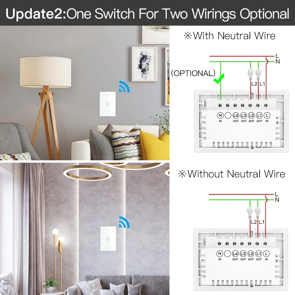 ZigBee Wall Touch Smart Light Switch With Neutral/No Neutral,No Capacitor Smart  Life/Tuya 2/3 Way Control compatible AlexaGoogle