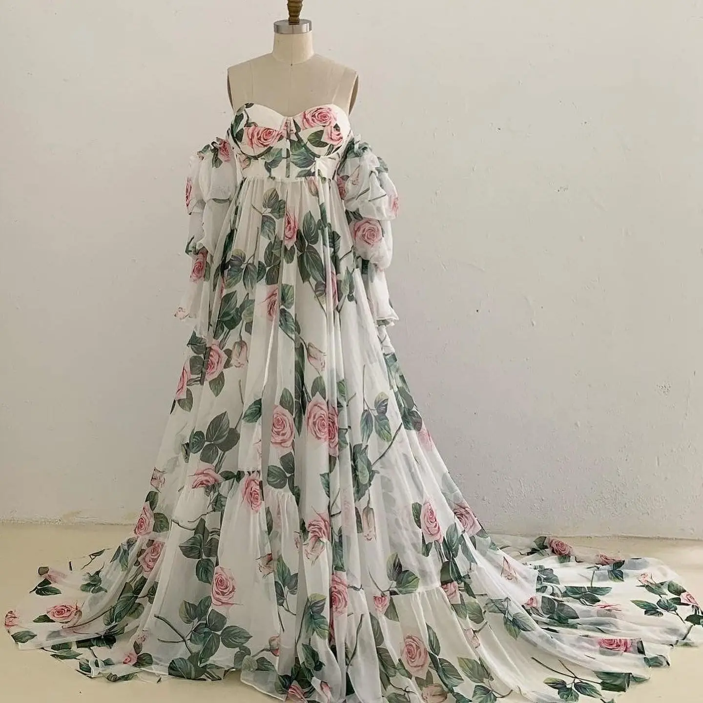 

Print Rose Flower Maternity Dress for Photoshoot Long Sleeve Prom Robe Gowns Dressing Pregnancy Babyshower Bathrobe