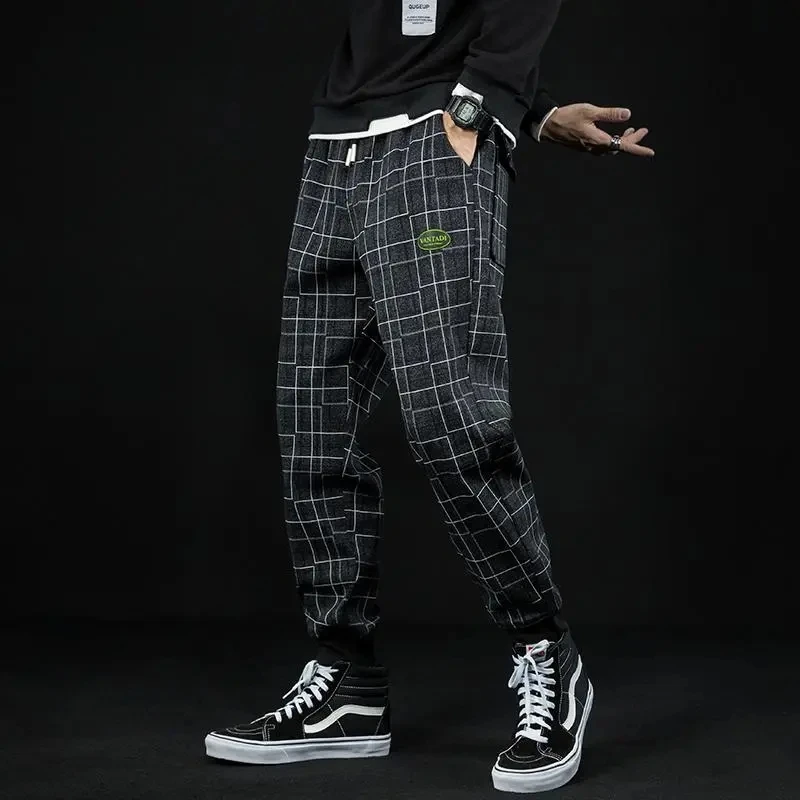 

Брюки мужские повседневные в клетку, свободные штаны-султанки, модные спортивные в Корейском стиле, в стиле Харадзюку, черные