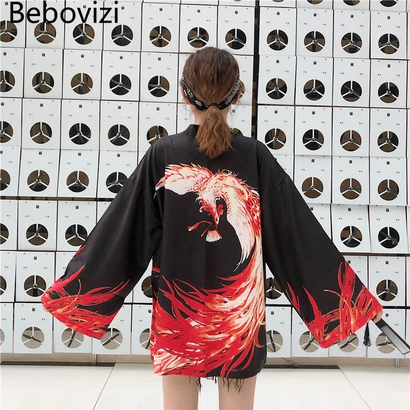 Japanese Kimono Japanese Kimono Cardigan Flaming Phenix Print Cardigan Harajuku Women Men Yukata Streetwear Haori