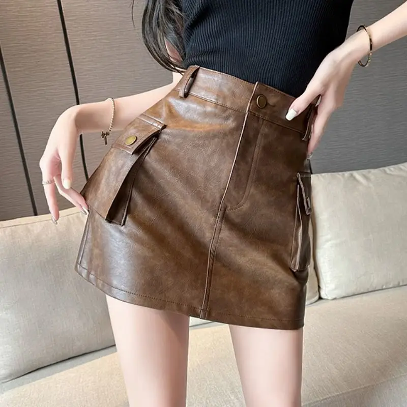 

Trendy PU Leather High Waist Mini Cargo Skirt for Women Bodycon 2023 Spring Sexy Hotgirl with Lining Chic Pockets Brown Black