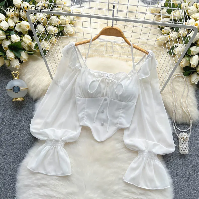 White Blouses Women Aesthetic Solid All-match Vintage Casual Ladies Tops Slim Schoolgirls Spring Bandage Lantern Sleeve Clothing image