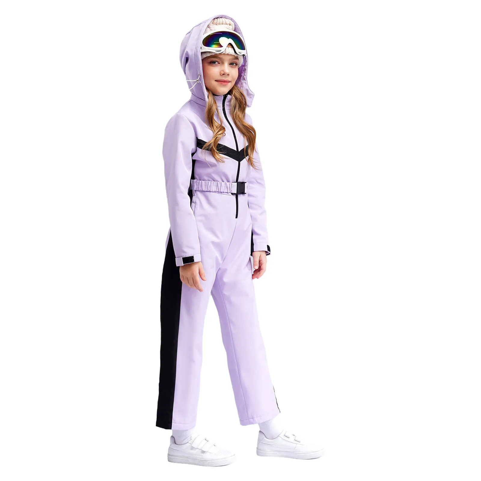 Kinder Mädchen Skifahren Snowboarden Kapuzenoverall Langarm Reißverschluss Winddichter Body mit Gürtel Schnee Sport Skating Kostüm – Detail 38