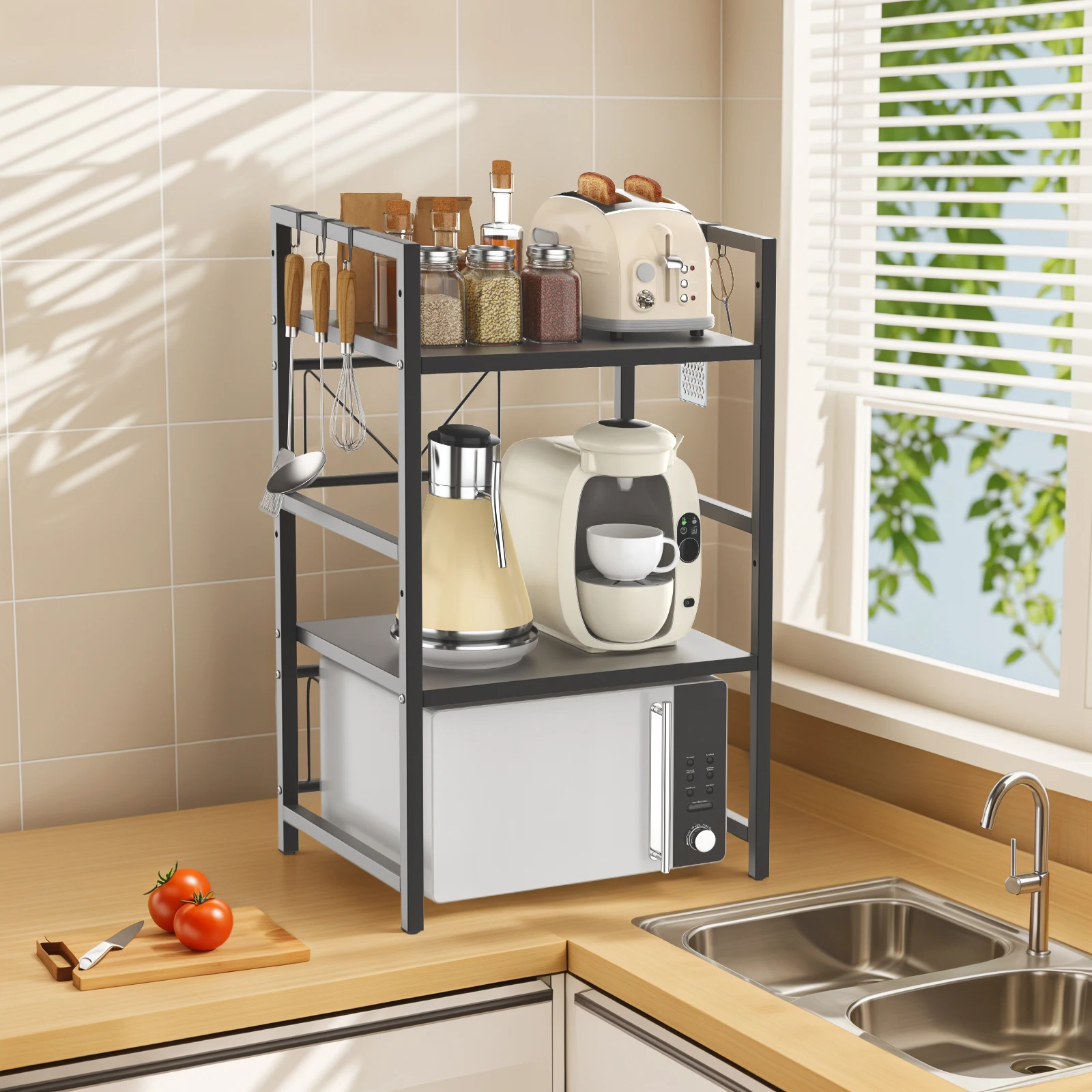 Expandable Microwave Shelf, 1 or 2 Tier Microwave oven Rack Stand Storage Holder Kitchen Corner Shelf Desktop Printer Shelf Rack: 3 - 5 Days Free Delivery Only UK
