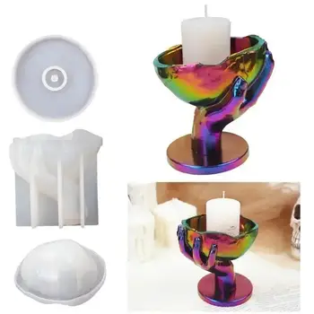 New 3D Skull Candlestick Hand Held Mould Storage Box Silicone Mold Crystal Epoxy Resin Candle Holder Molds Home Halloween Decor 2