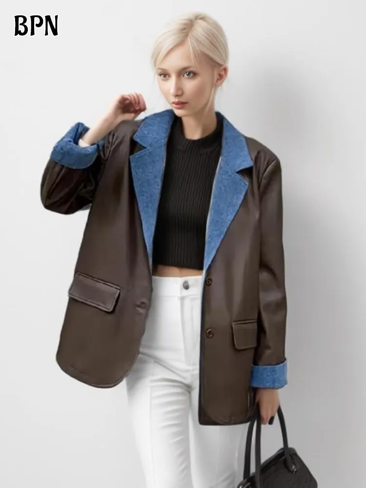 

BPN Streetwear Hit Color Patchwork Denim Blazers For Women Notched Collar Long Sleeve Spliced Pocket Blazer Female Style Clothes