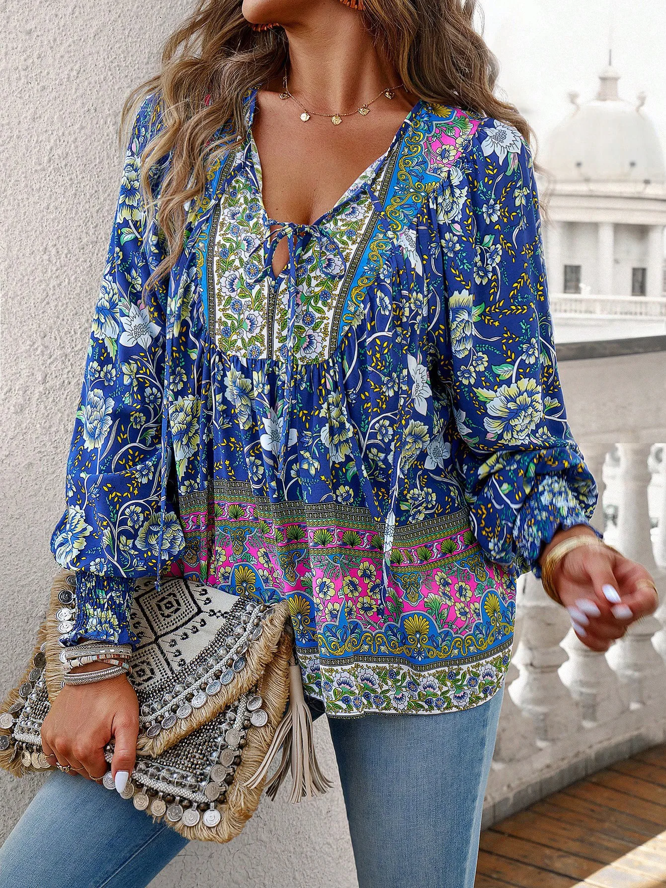 Casual V Neck Long Sleeve Blouses Shirts Women Tops Vintage Rayon ...